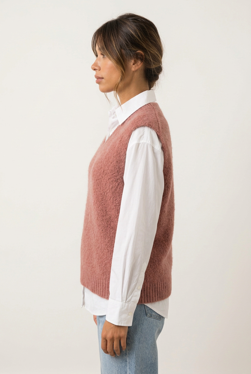 Pull Maëlys rose poudré de profil sur chemisier blanc