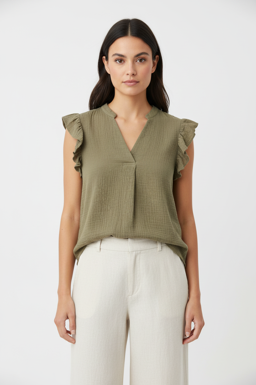 Top gaze de coton kaki porté vue de face