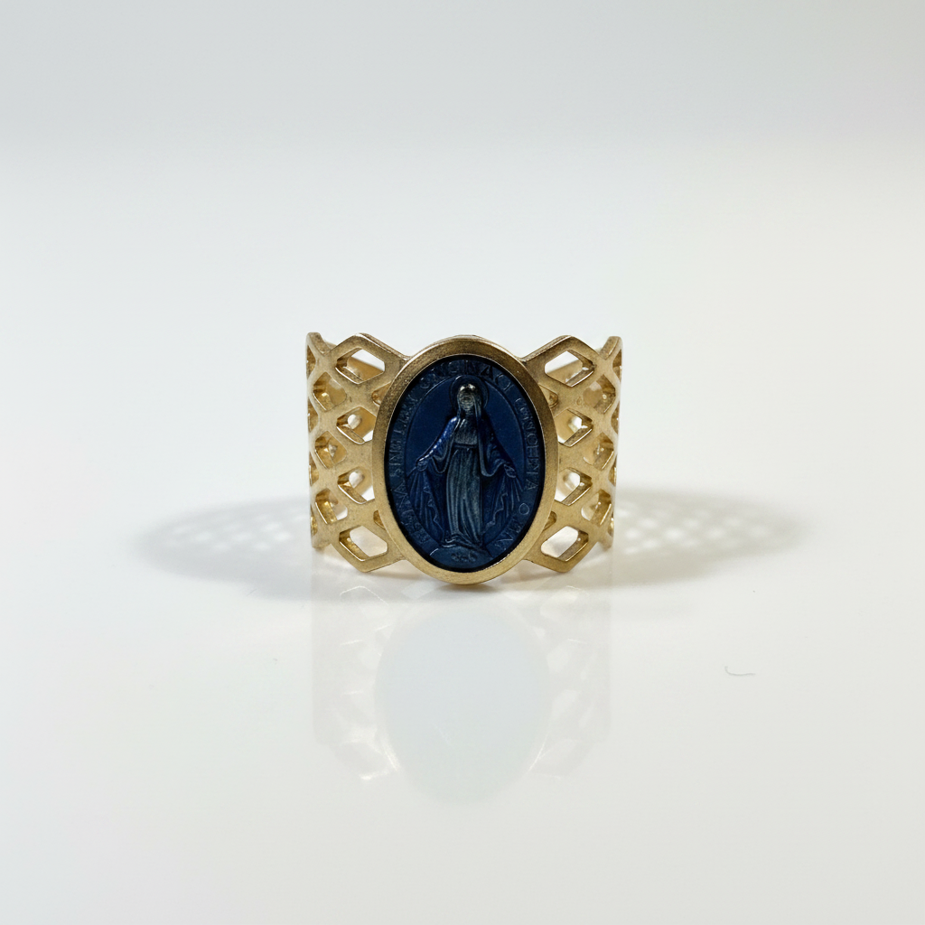 Bague jonc médaille miraculeuse émail bleu plaqué or fond blanc