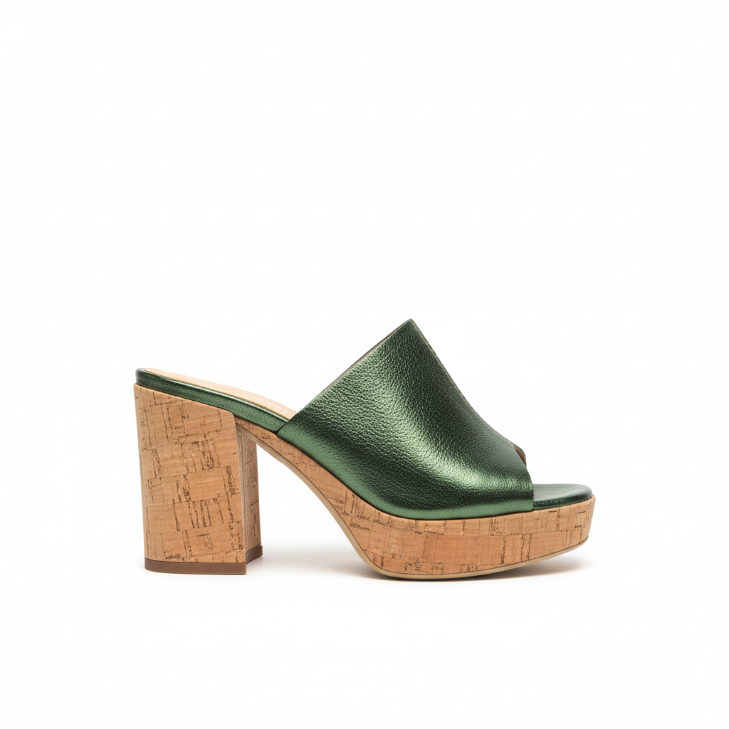 Mule Minka Design cuir métallisé vert plateforme liège - vue profil