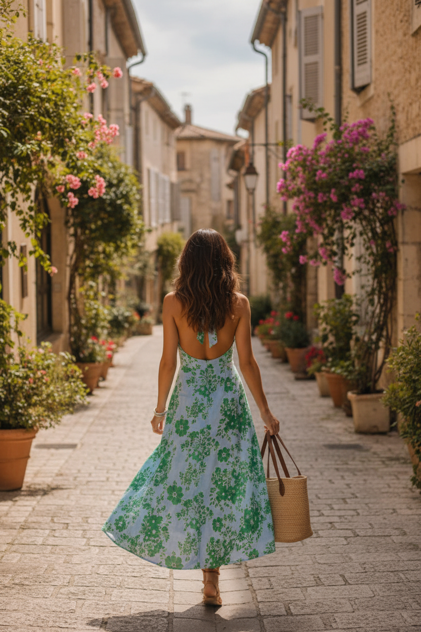 Robe fleurie halter neck vert - vue de dos