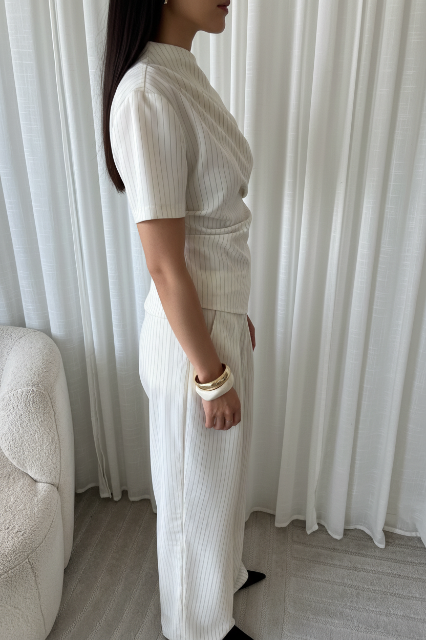 Top asymétrique pinstripe blanc - vue de côté