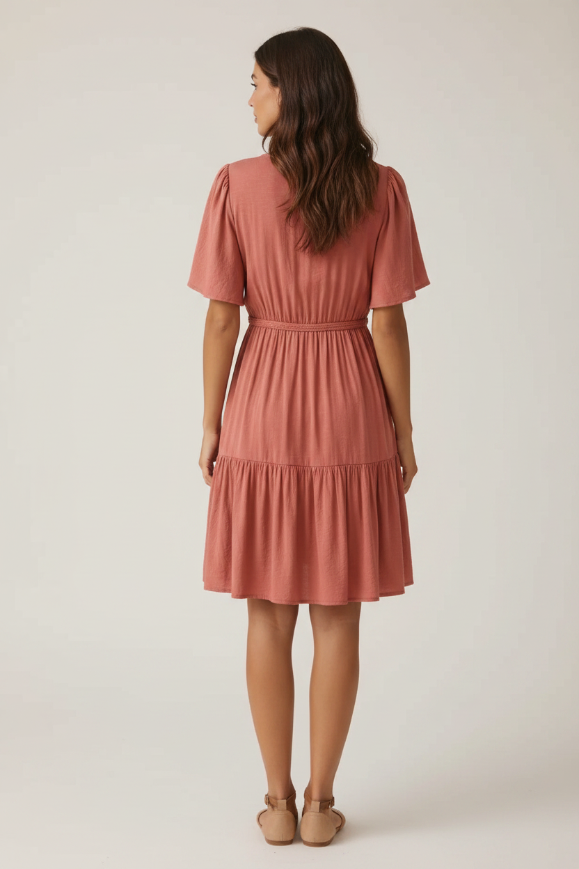 Robe courte vieux rose à volants - vue de dos