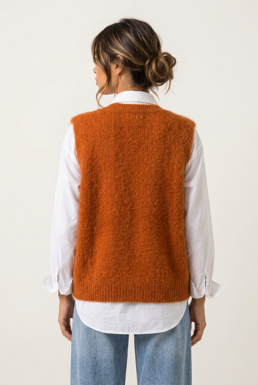 Pull Maëlys orange rouille de dos sur chemisier blanc