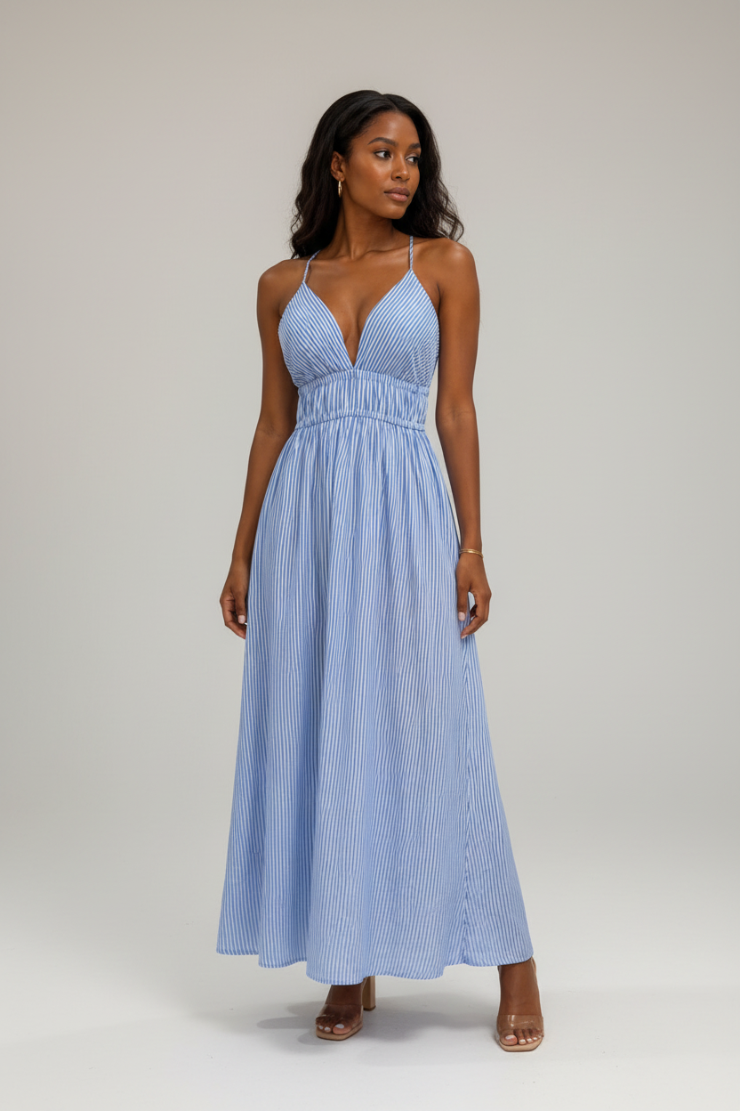 Robe longue rayée bleue - vue de face studio