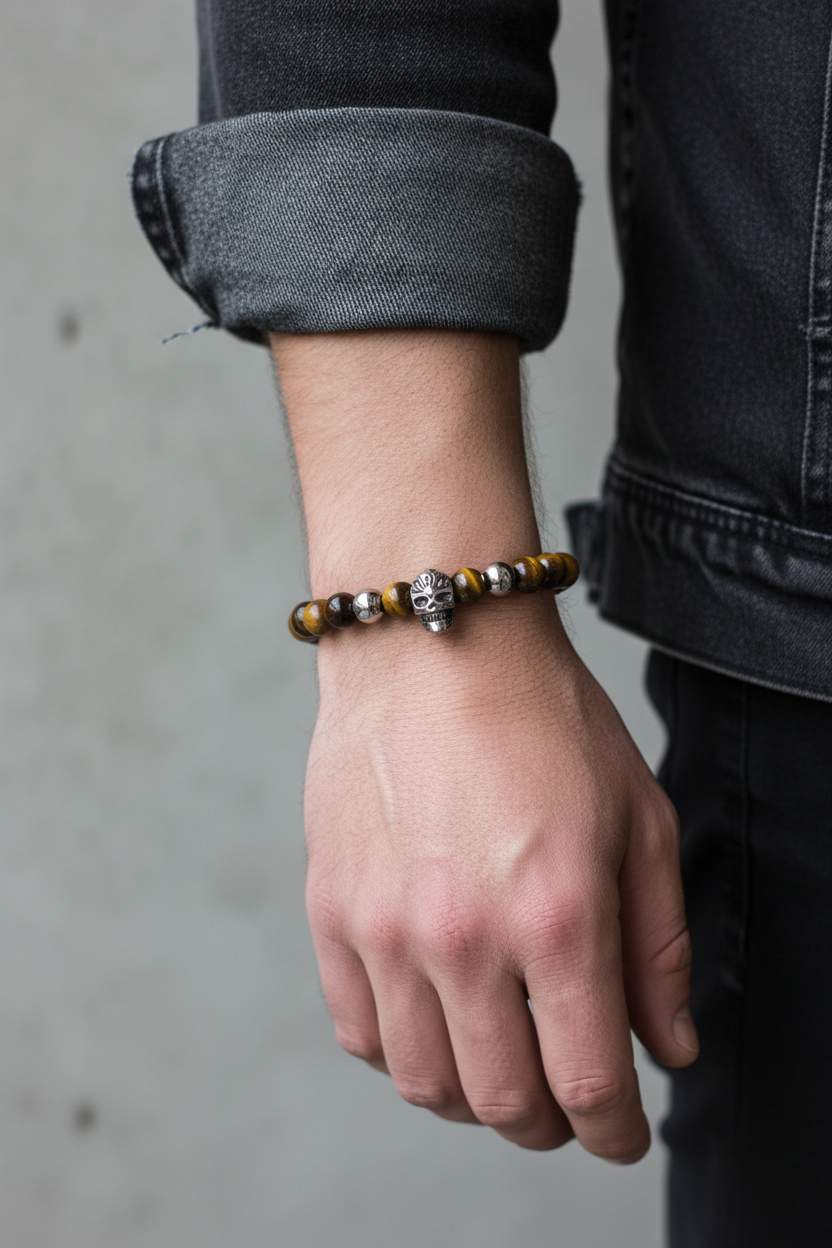 Bracelet œil de tigre tête de mort porté