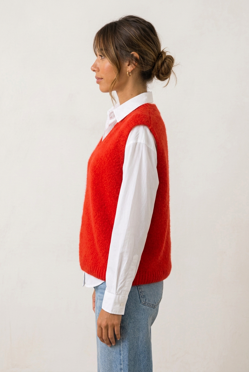 Pull Maëlys rouge de profil sur chemisier blanc