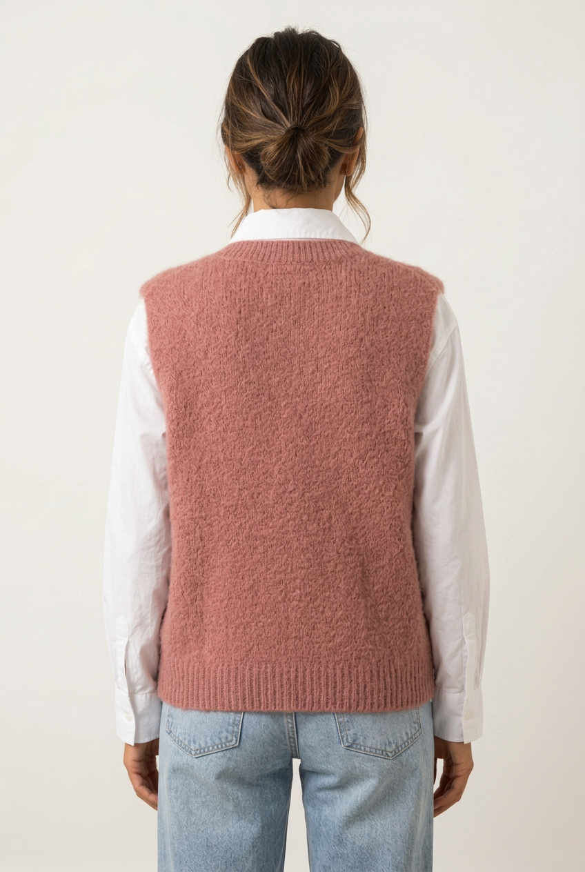 Pull Maëlys rose poudré de dos sur chemisier blanc
