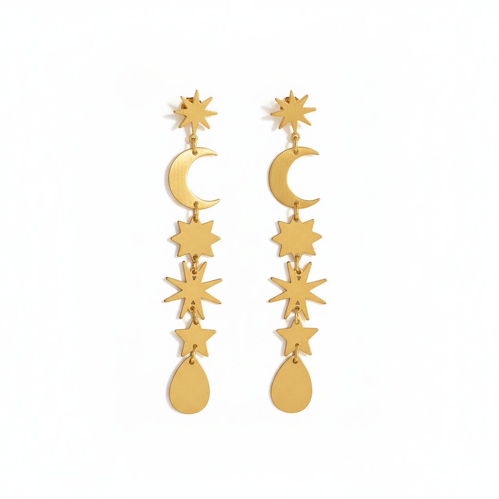 Boucles d'oreilles lune et étoiles dorées 