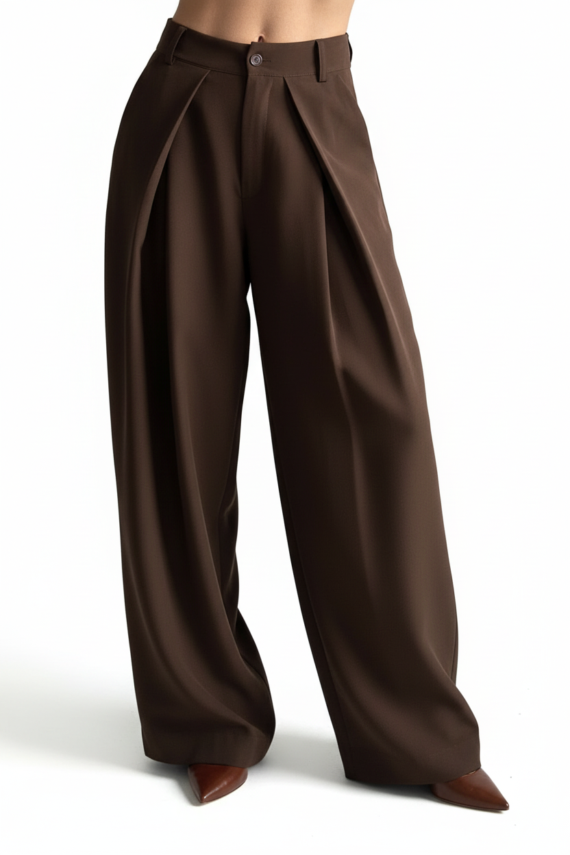 Pantalon large chocolat à pinces - vue de face avec talons