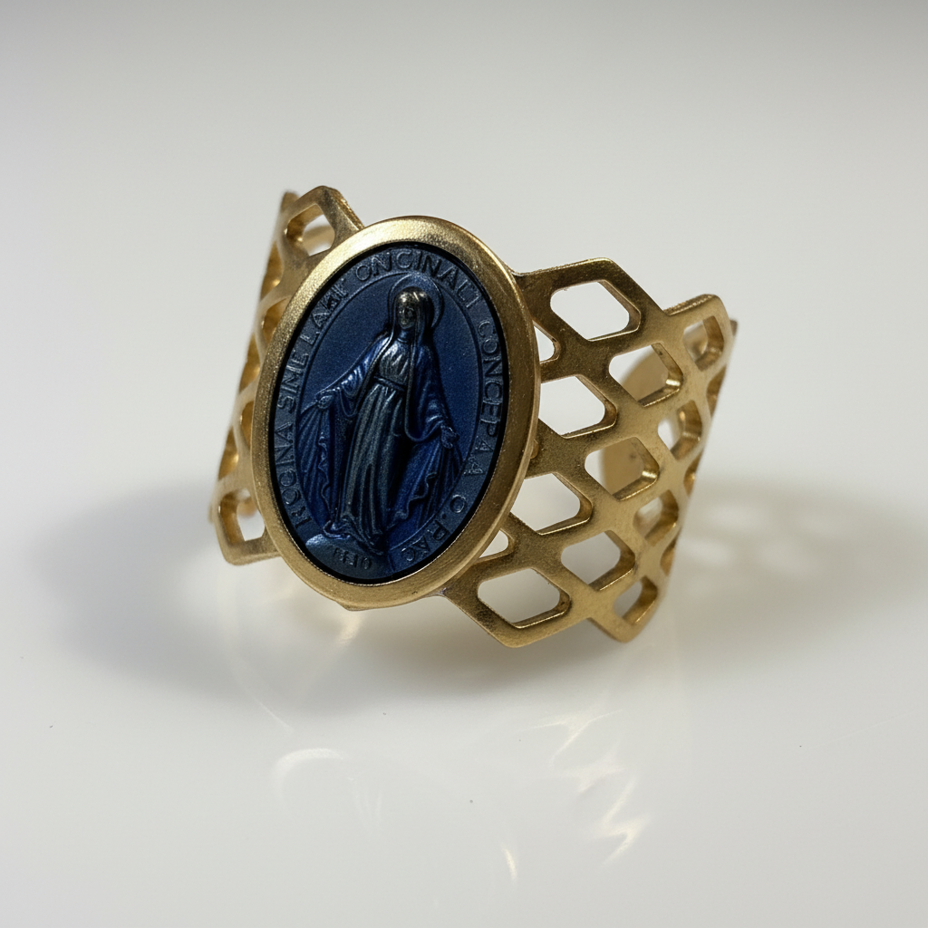 Bague jonc médaille miraculeuse émail bleu zoom médaillon