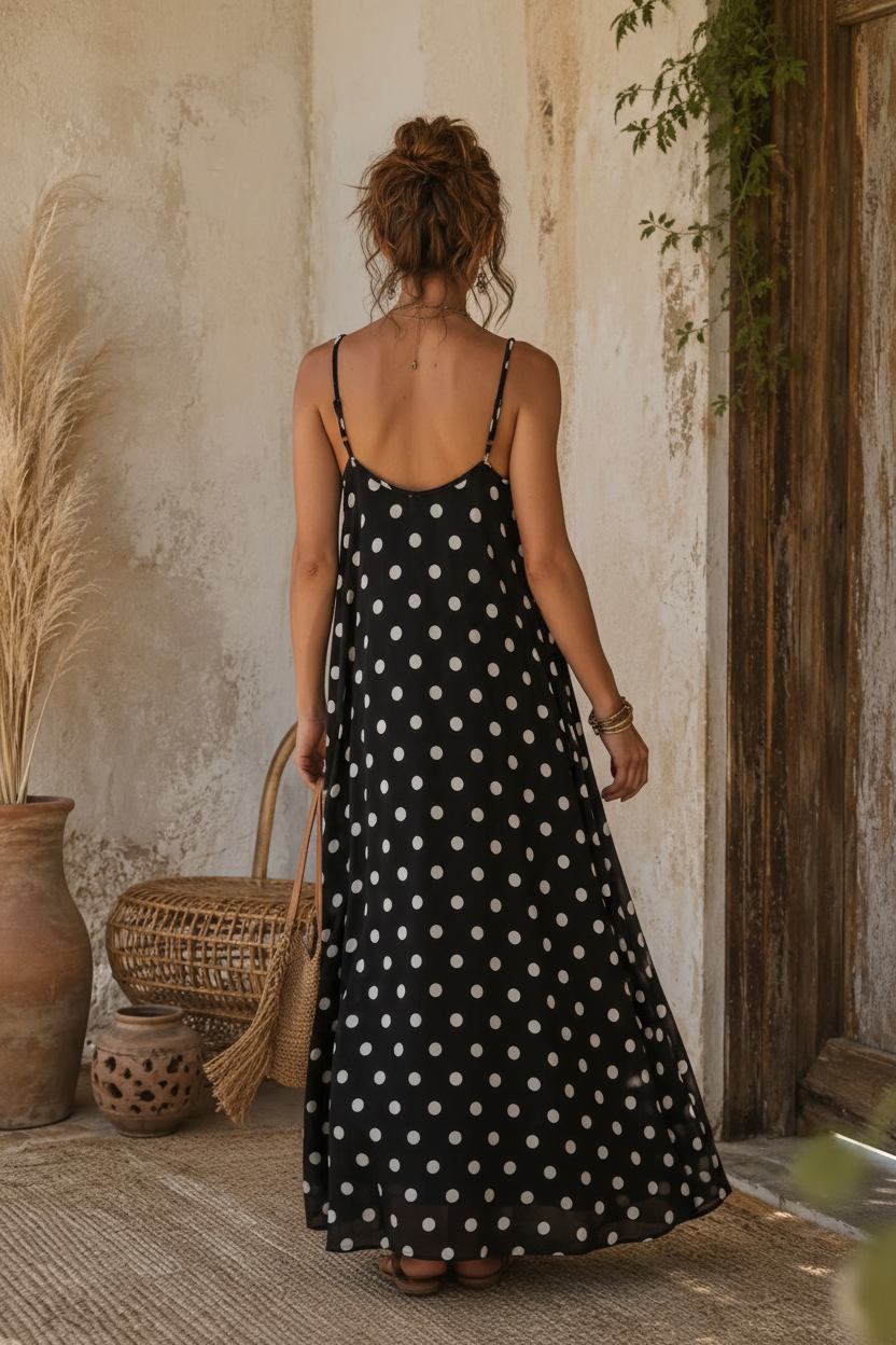 Robe maxi bretelles pois noire - vue de dos sur mannequin