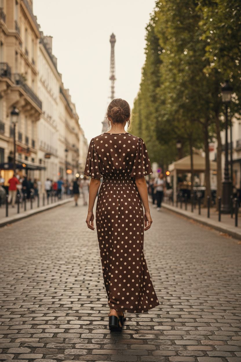 Robe maxi pois marron - vue de dos sur mannequin