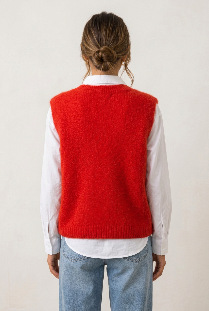 Pull Maëlys rouge de dos sur chemisier blanc