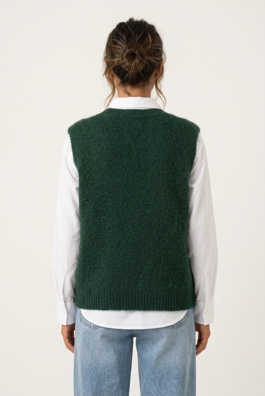 Pull Maëlys vert forêt de dos sur chemisier blanc