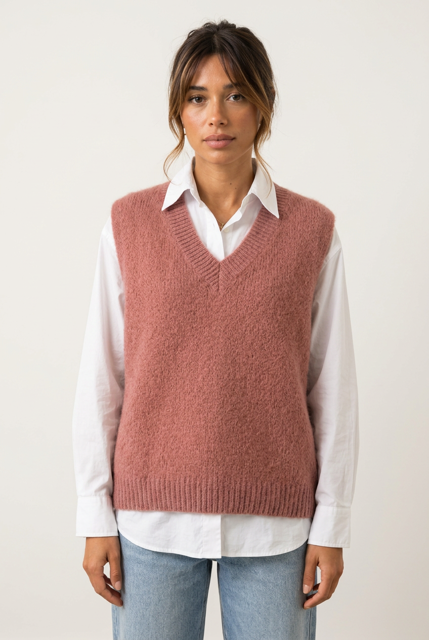 Pull Maëlys rose poudré porté sur un chemisier blanc