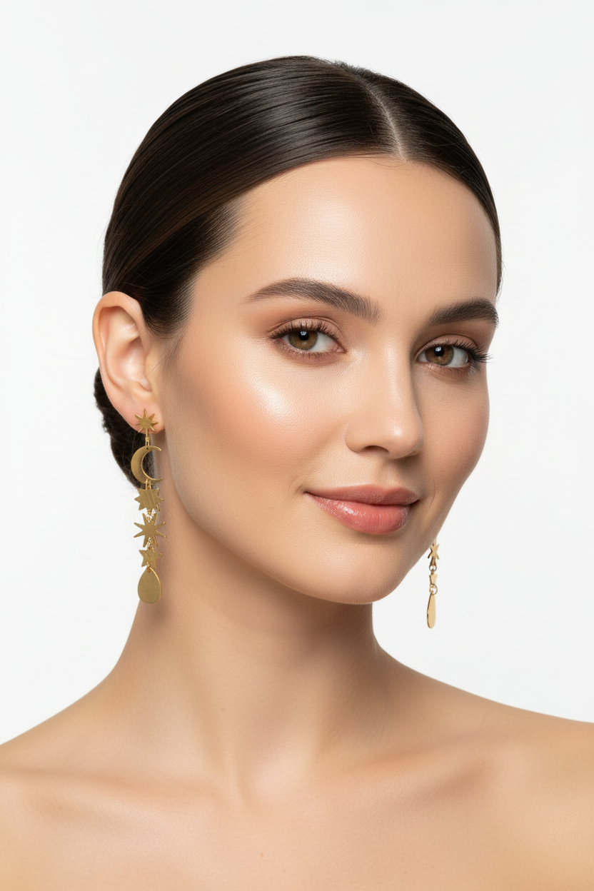 Boucles d'oreilles lune et étoiles portées