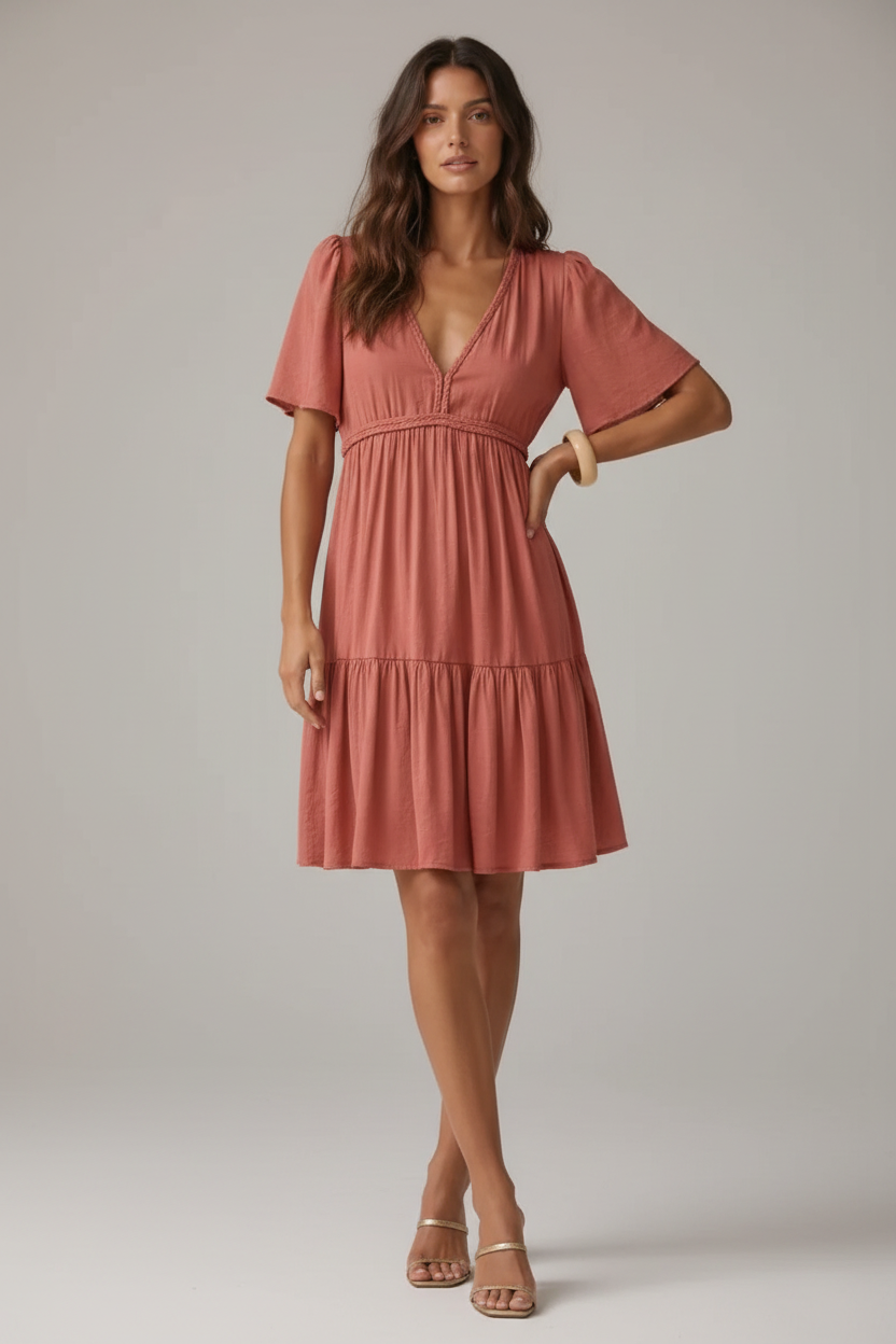 Robe courte vieux rose à volants - vue de face studio