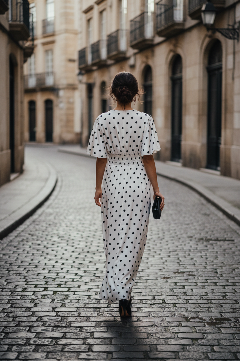 Robe maxi pois noire - vue de dos sur mannequin