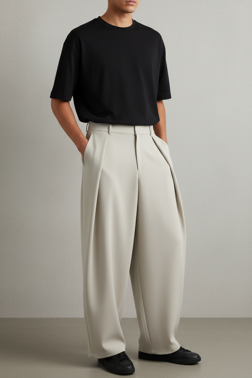 Pantalon homme écru porté en look streetwear, mains dans les poches