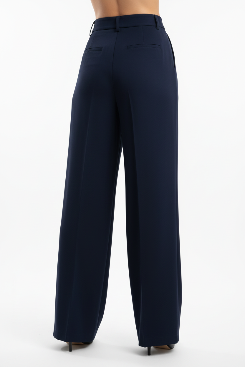 Pantalon large bleu marine vue arrière avec talons