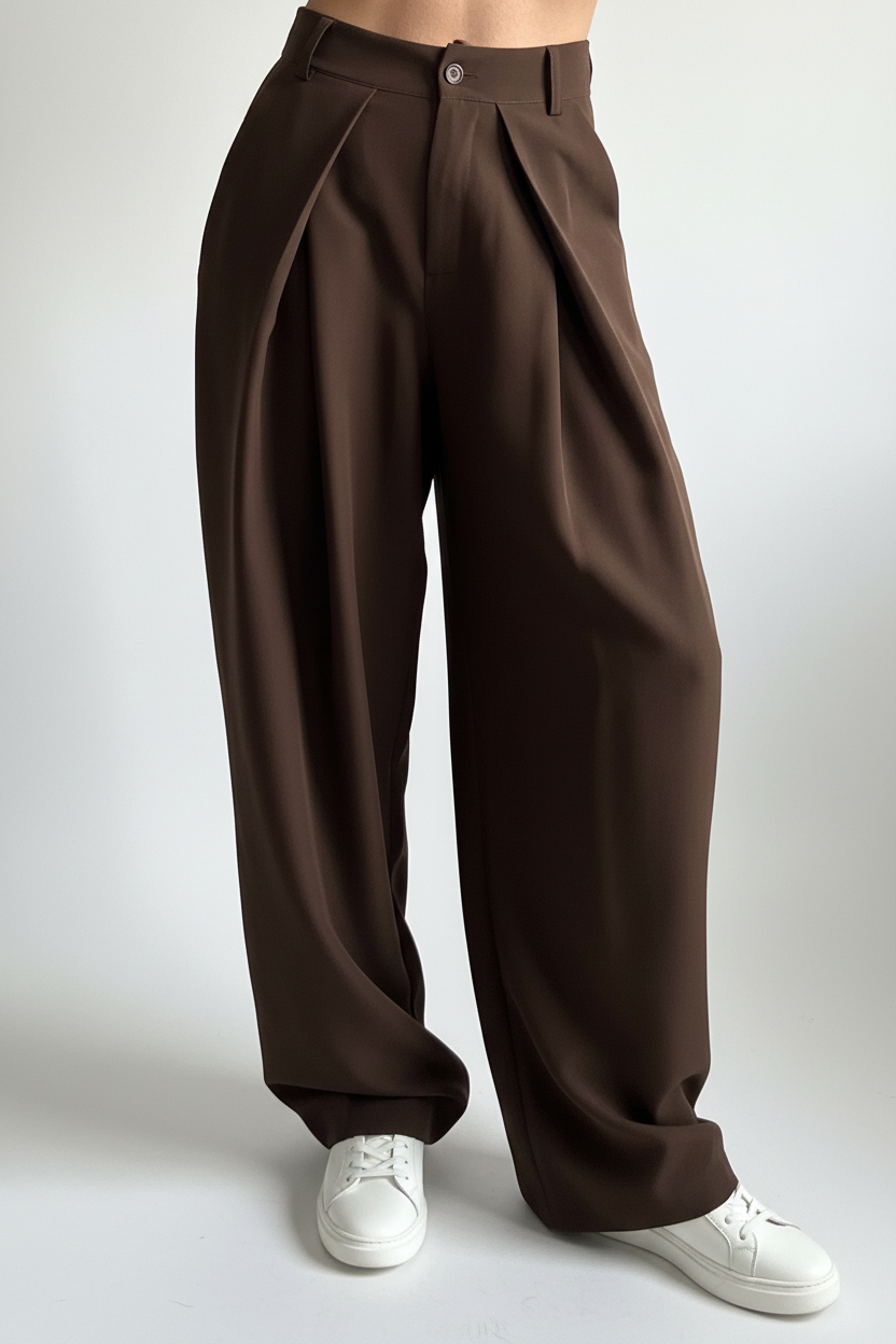 Pantalon large chocolat avec baskets style Vanessa Wu