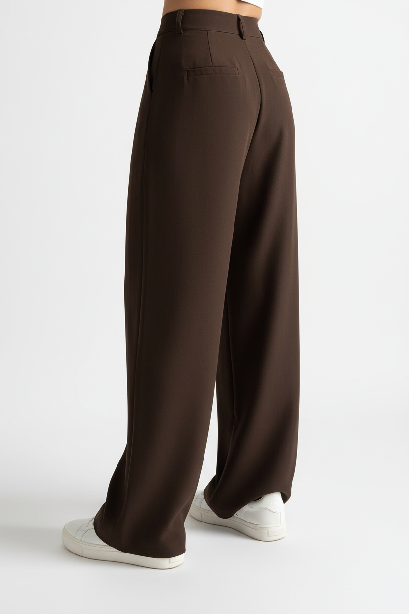 Pantalon large chocolat vue arrière avec baskets