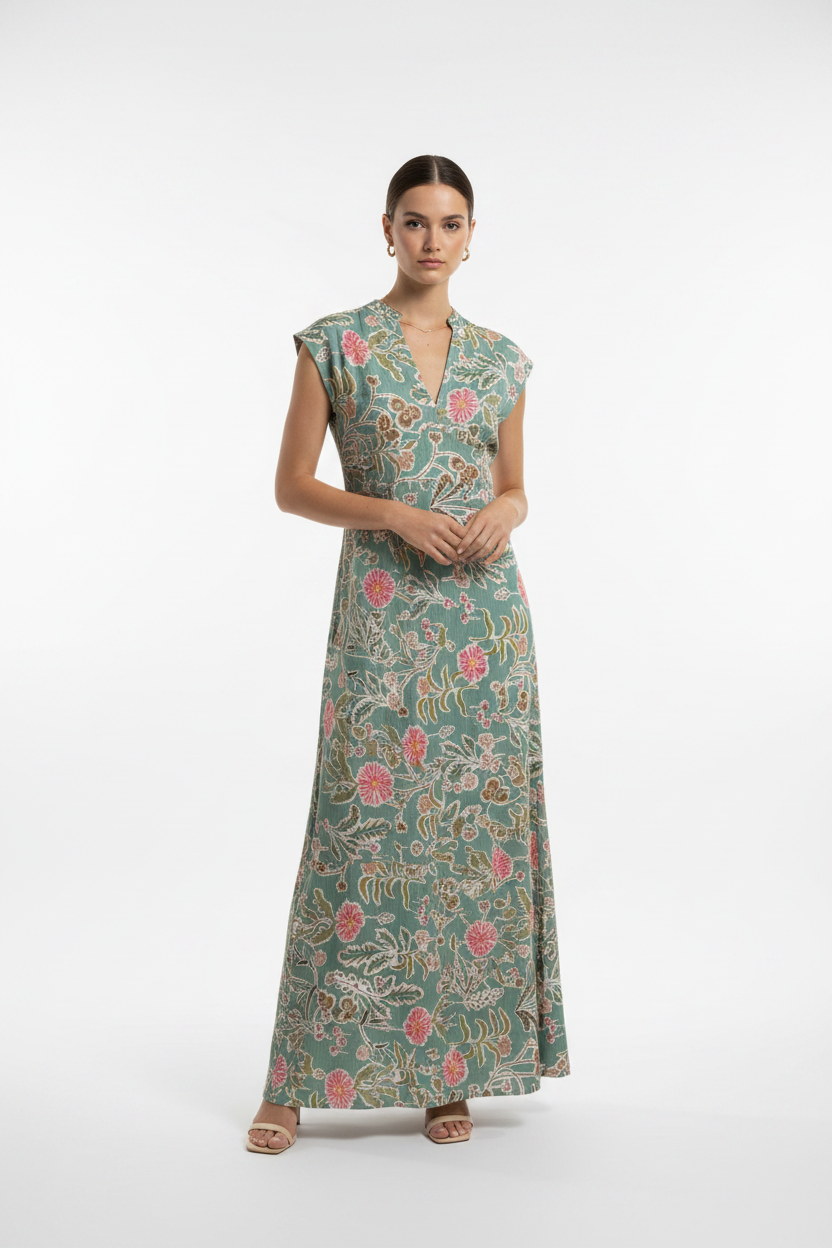 Robe florale vert sauge col V PAKO LITTO