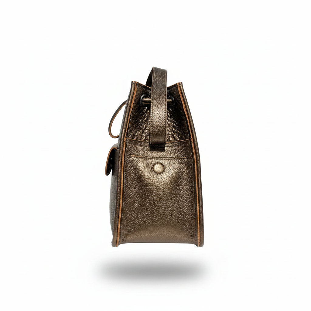 Sac seau bronze vue de profil fond blanc