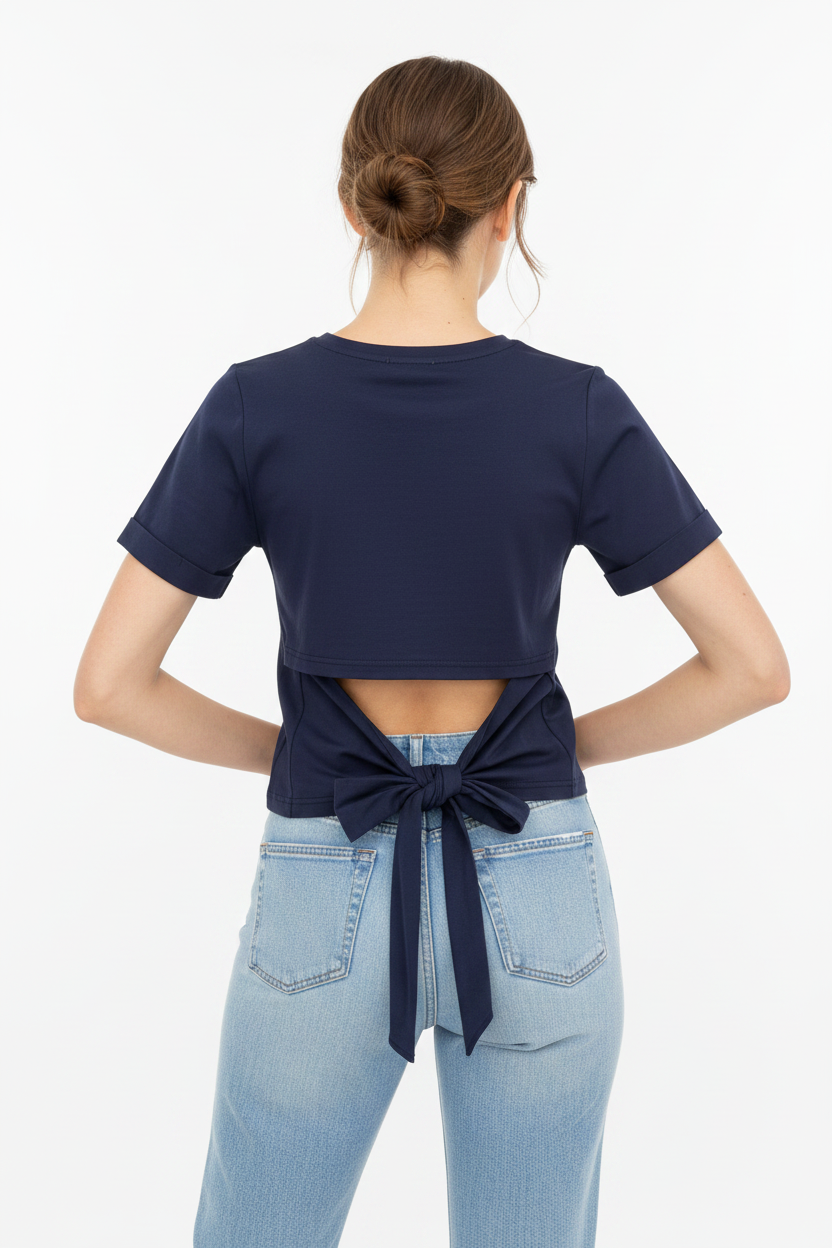 top t-shirt marine rayé avec noeud
