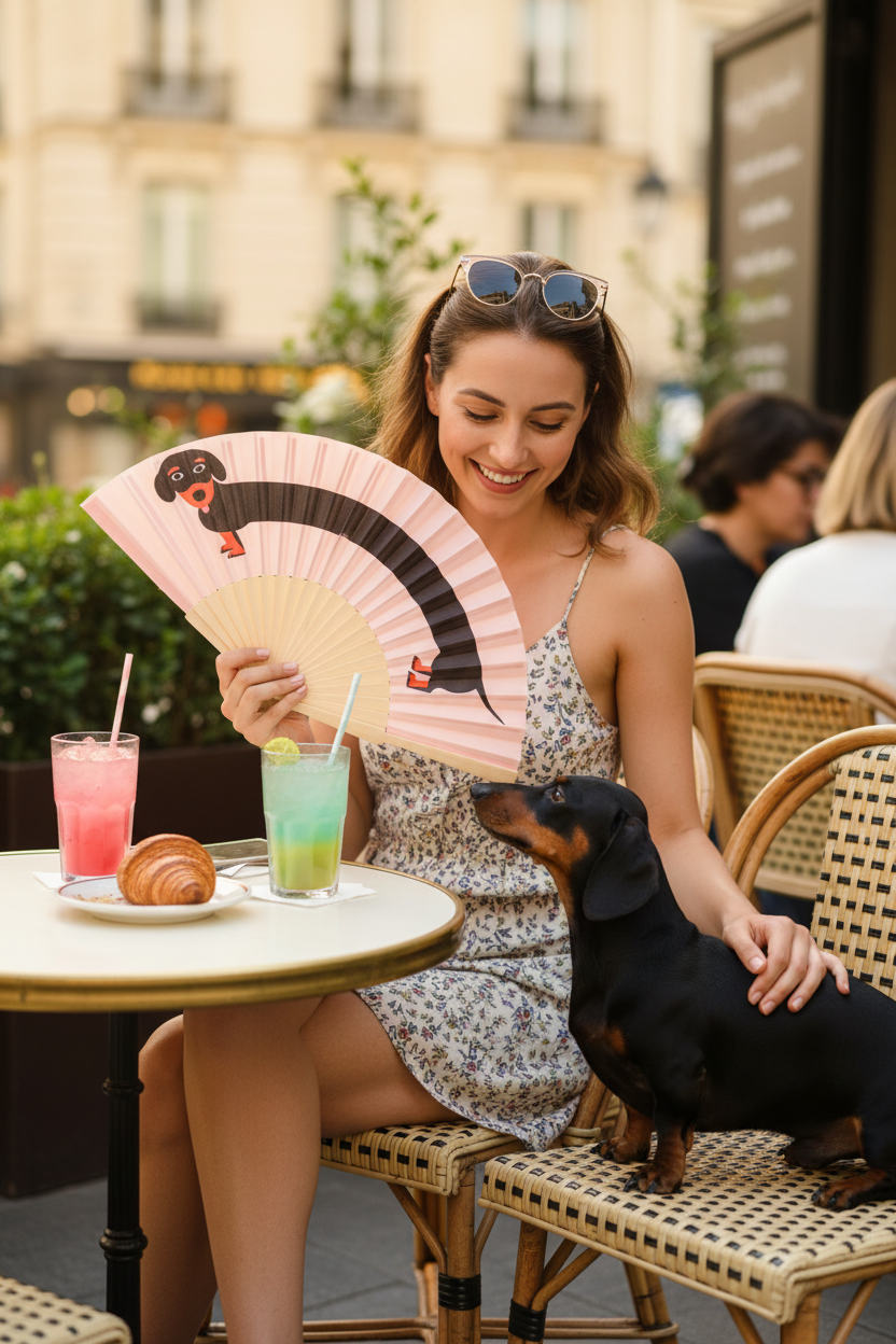 Éventail Teckel avec vrai teckel