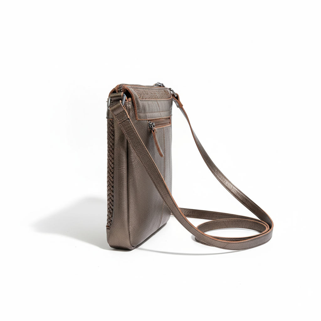 Vue de profil du sac bronze métallisé sur fond blanc