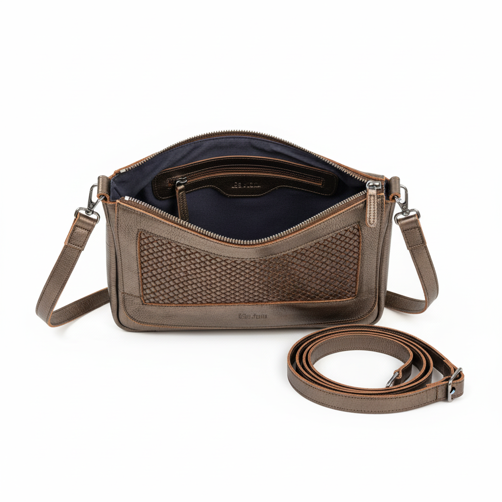 Vue intérieure du sac bronze métallisé sur fond blanc